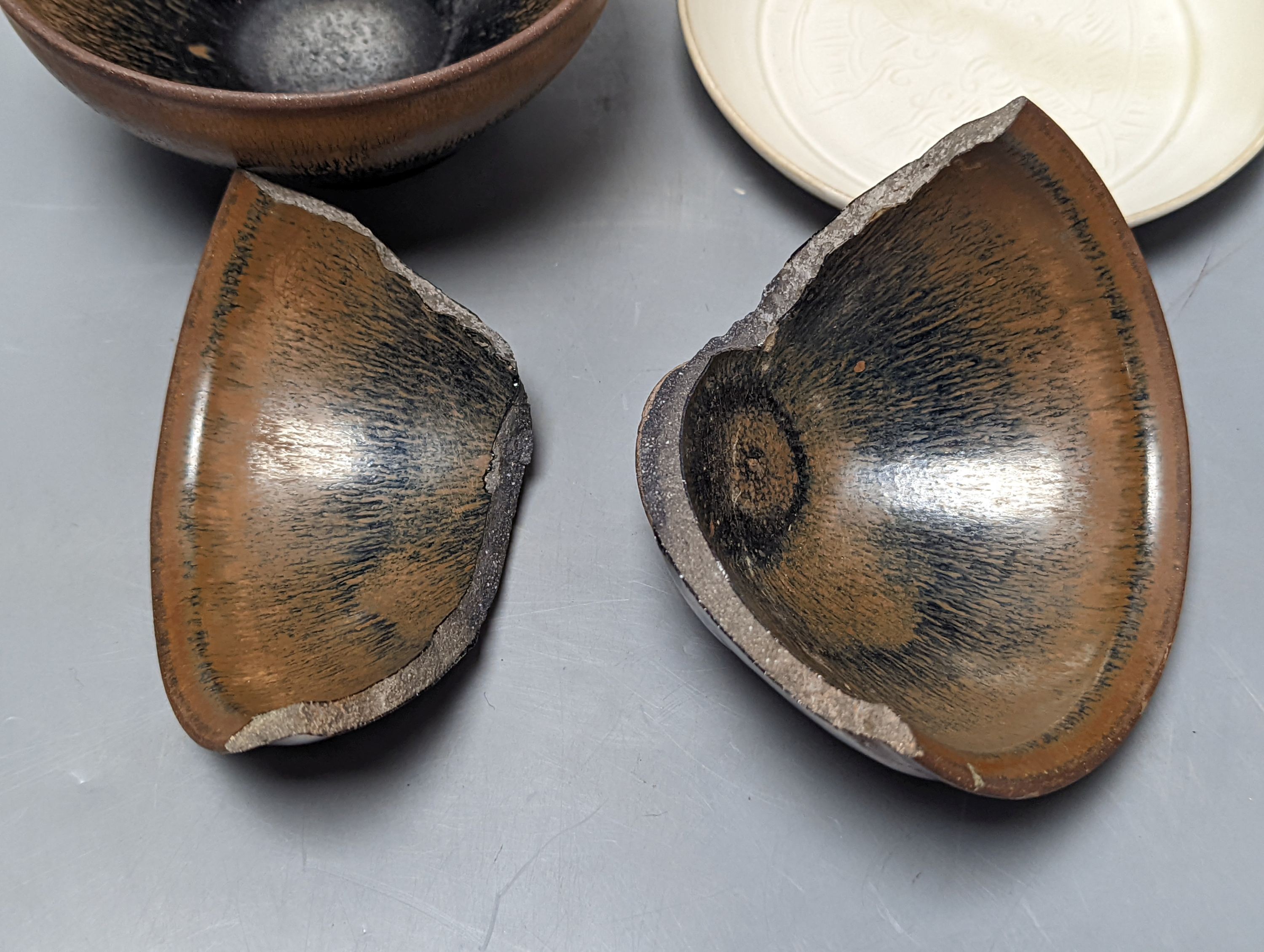 Two Chinese hare’s fur bowls and a Qingbai style dish, 13cm